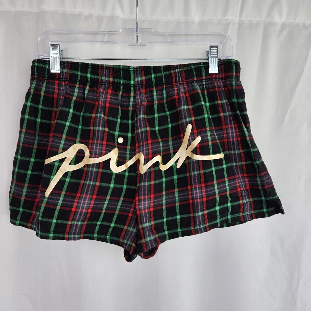Victoria's Secret PINK Logo Holiday Plaid Sleep Shorts‎ Size M Loungewear